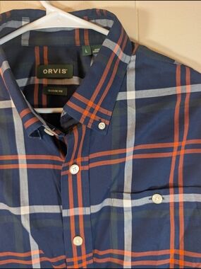 Orvis Button Down Shirt Men’s Large Plaid Blue Orange Classic Fit Long Sleeve